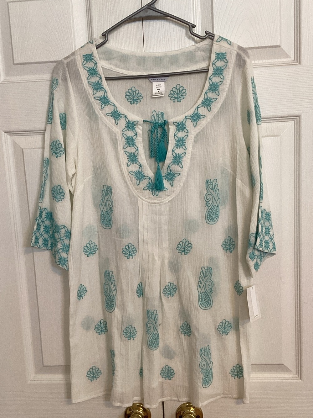 Trina Turk White Tunic Top with Teal Embroidery